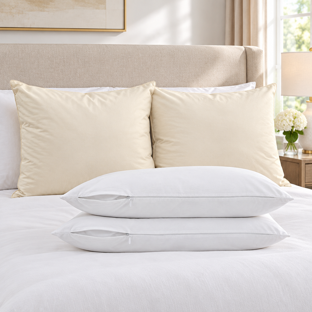 Two Down Etc Aqua Plush firm pillows upright on a made bed with two white Down Etc pillow protectors in front, showing the complete set
