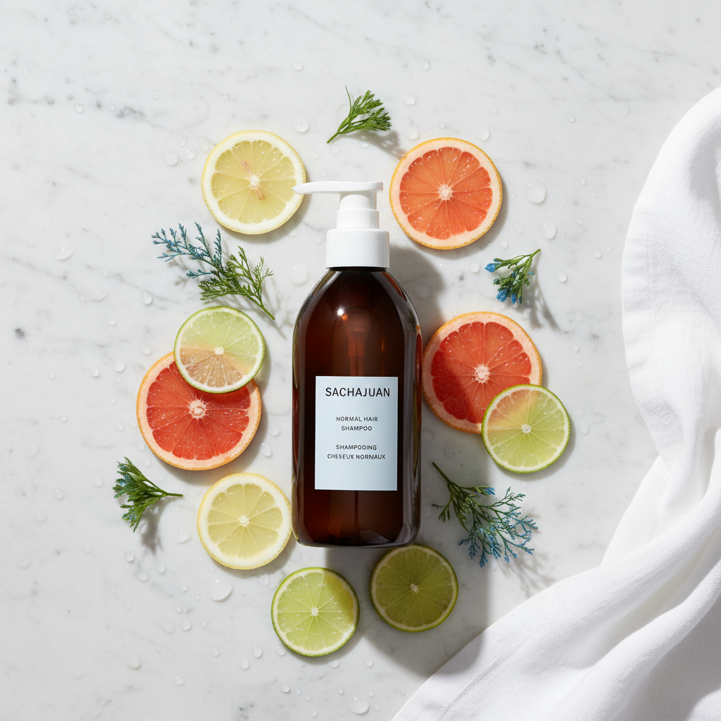 Sachajuan Shampoo flat lay with citrus and botanicals on white marble