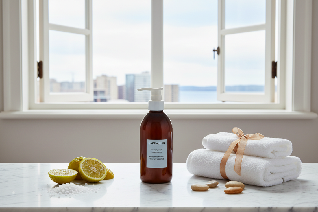 Sachajuan Hair Repair Conditioner flat lay with bergamot and botanicals on white marble