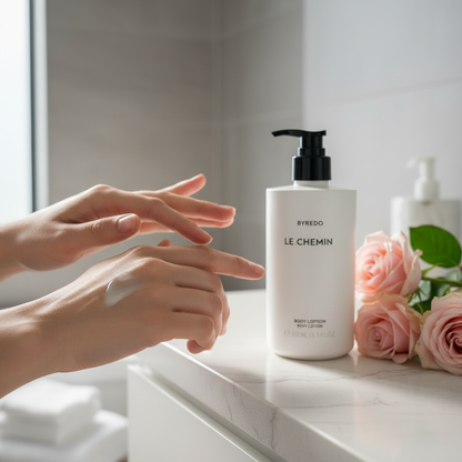Byredo Le Chemin Body Lotion beauty shot hands applying lotion with roses - premium skincare moisturizer