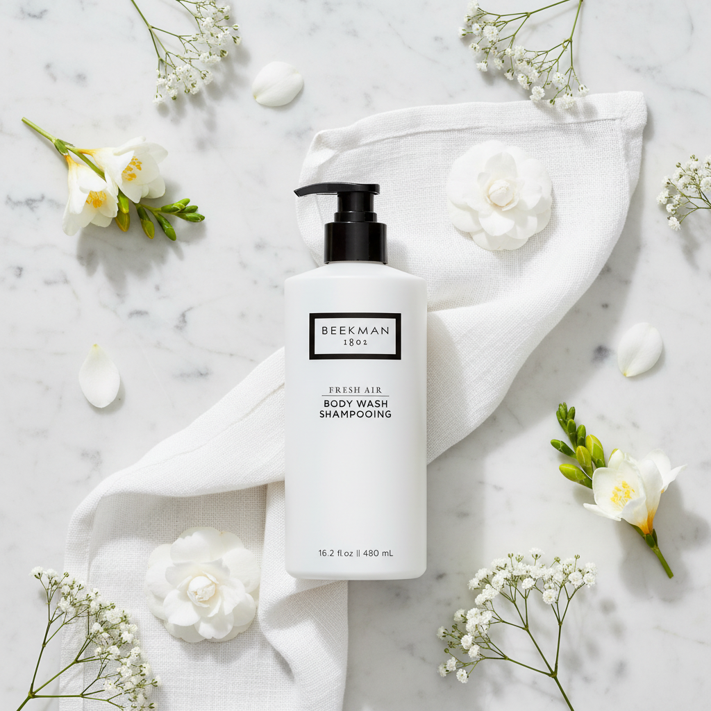 Beekman 1802 Fresh Air Body Wash luxury flat lay white frosted bottle with white flowers fresh linen on white marble - goat milk body wash clean fragrance