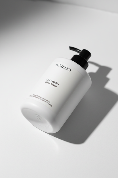 Byredo Le Chemin Body Wash angled product shot showing Swedish luxury body care packaging label floral fragrance