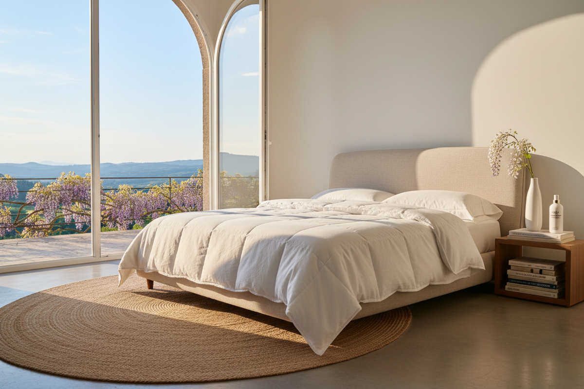 IHG Lightweight Duvet Insert in Tuscan villa bedroom with wisteria terrace view - spring bedding refresh