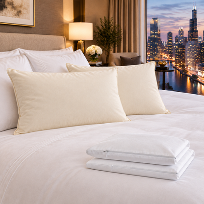 Two Down Etc Aqua Plush firm pillows and two Down Etc pillow protectors styled on a luxury bed with a city skyline view