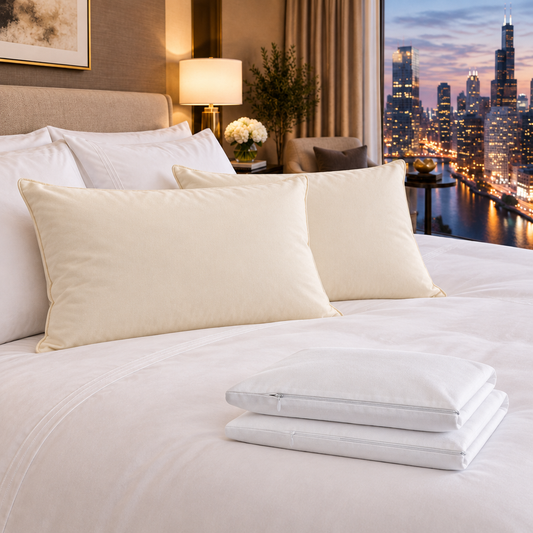 Two Down Etc Aqua Plush firm pillows and two Down Etc pillow protectors styled on a luxury bed with a city skyline view