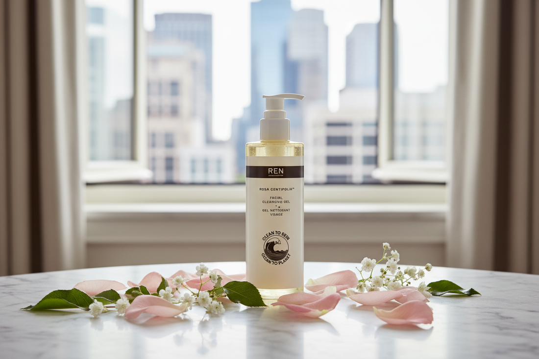REN Rosa Centifolia Facial Cleansing Gel flat lay with rose petals on white marble