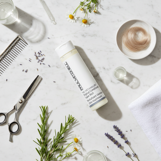 Paul Mitchell Conditioner - professional salon conditioner on marble flat lay with salon styling elements