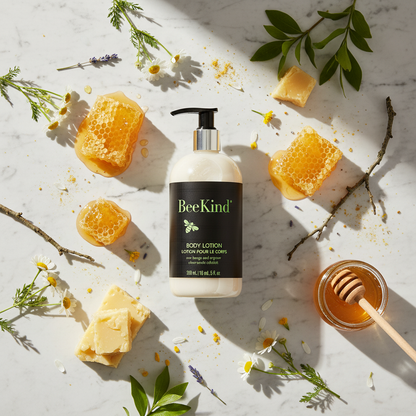 Bee Kind Body Lotion - luxury hotel body lotion on marble flat lay with honeycomb and honey elements