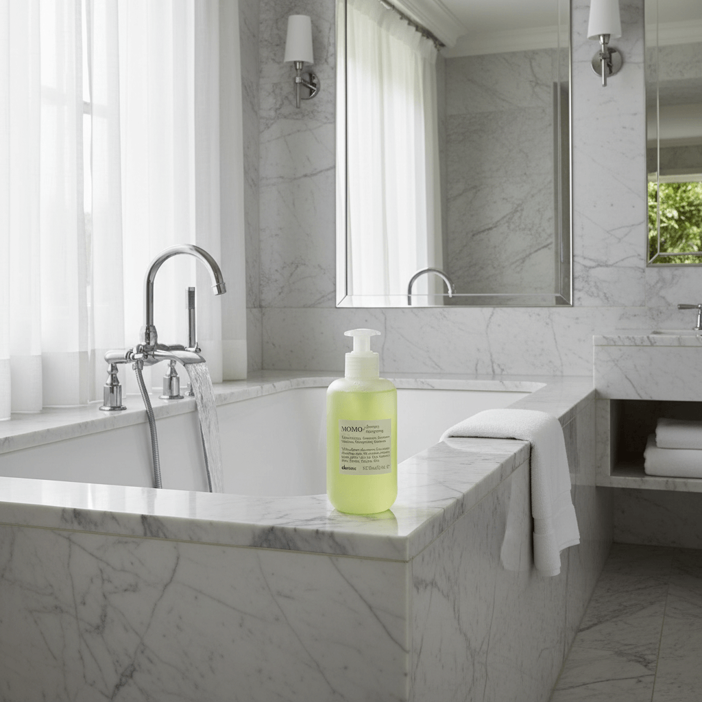 Davines MOMO Shampoo on luxury soaking tub