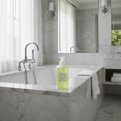 Davines MOMO Shampoo on luxury soaking tub