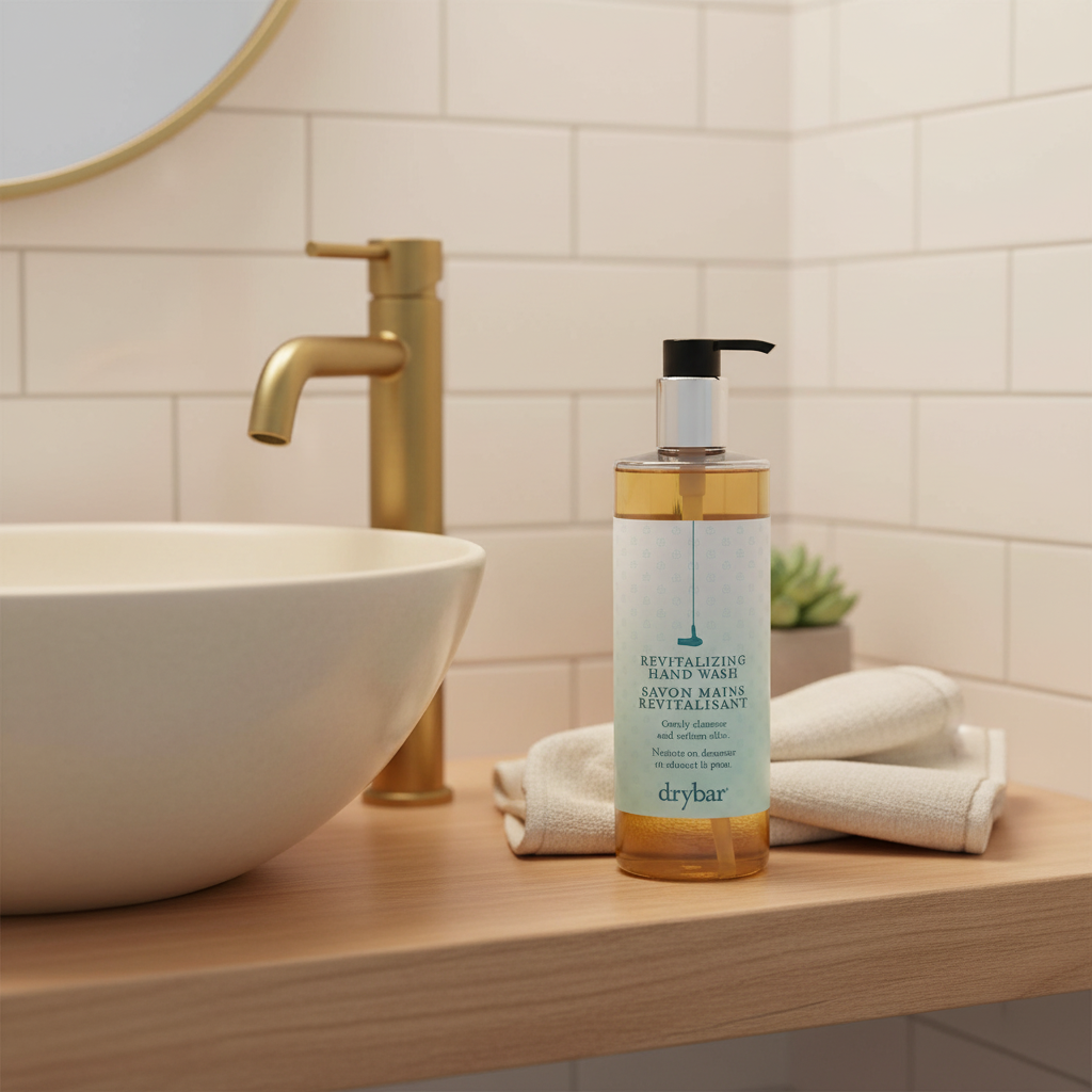 Drybar Revitalizing Hand Wash in upscale Airbnb bathroom — premium STR hotel hand wash
