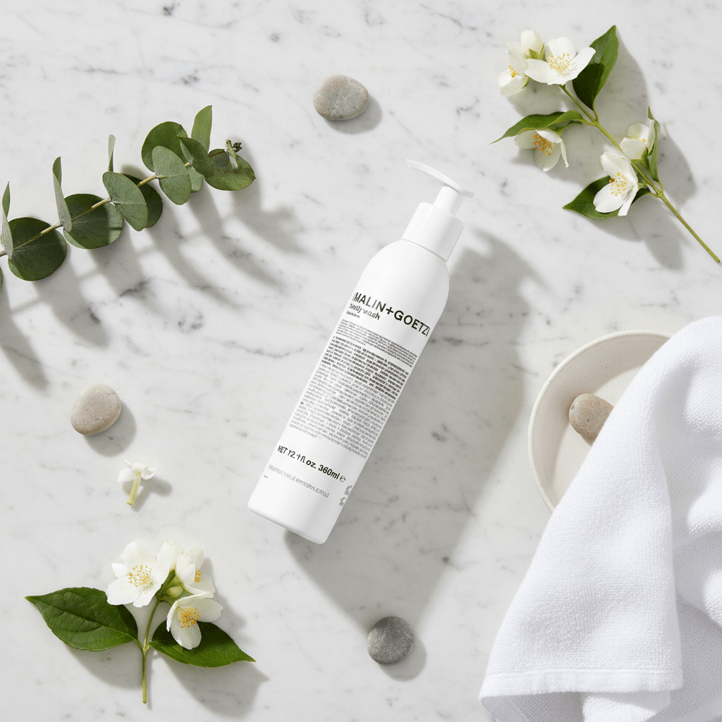 MALIN+GOETZ Body Wash flat lay with minimalist New York styling