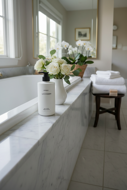 Byredo Le Chemin Body Lotion on modern bathroom shelf natural wood fresh flowers - luxury home spa body care