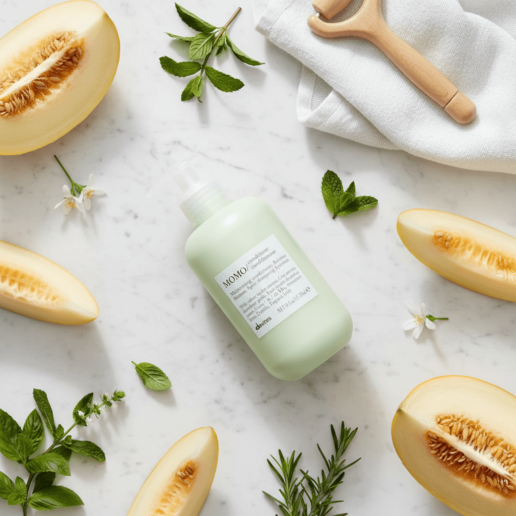Davines MOMO Conditioner flat lay with fresh melon and Italian spa elements
