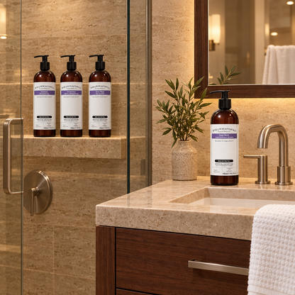 Pharmacopia Argan Oil hand wash at a travertine bathroom sink and three shower products on the shower shelf