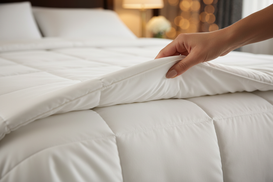 Close-up detail of IHG duvet insert box construction in golden light with elegant hand - tactile luxury bedding photography