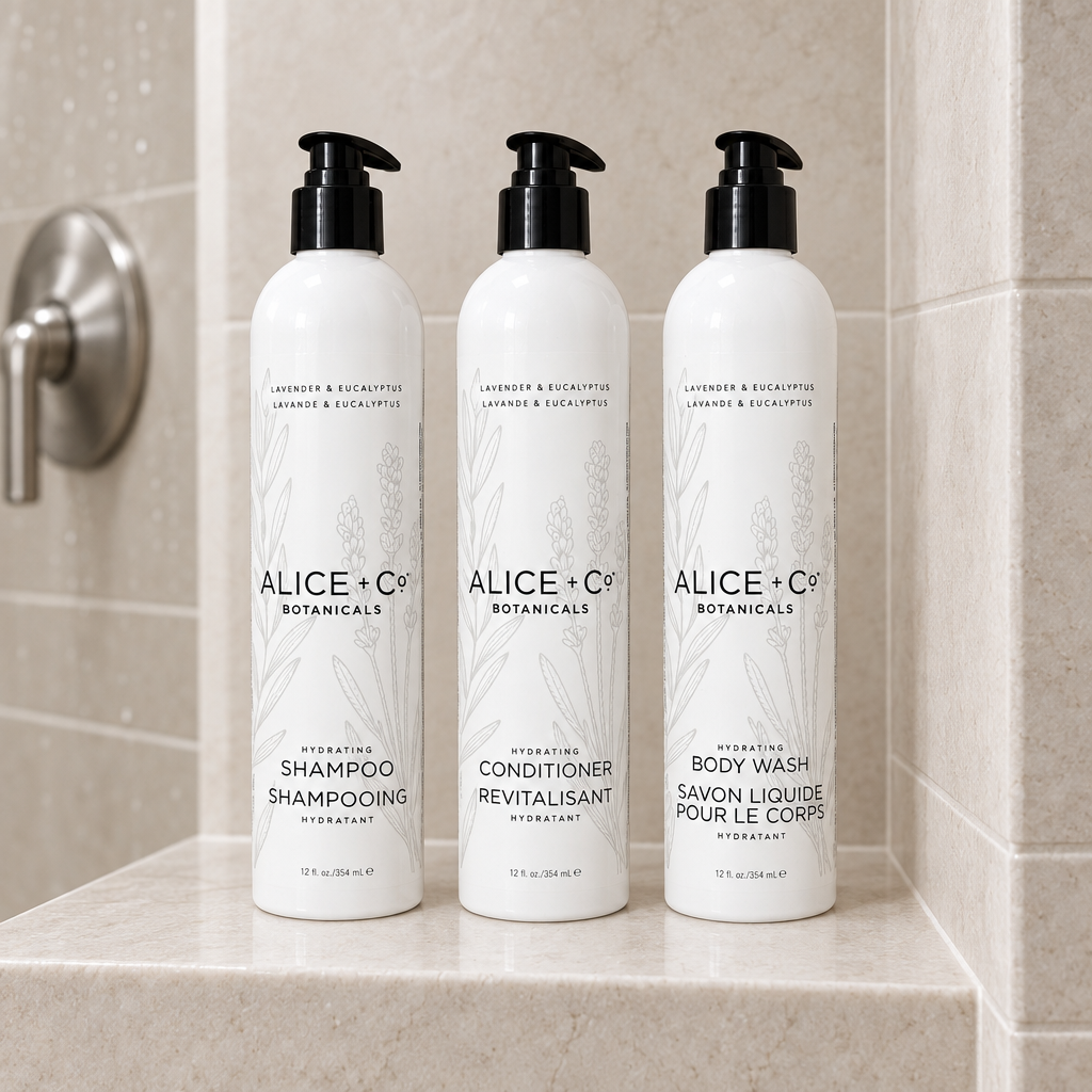 Alice + Co shampoo conditioner and body wash together in a shower without plants