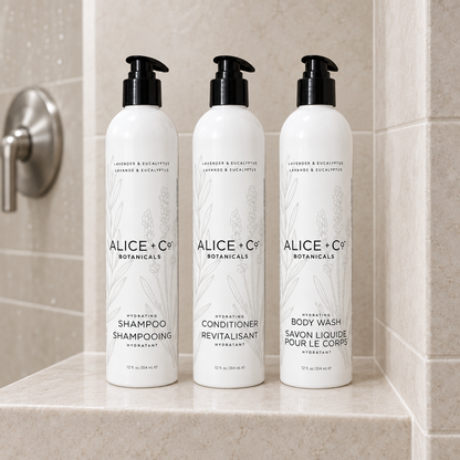 Alice + Co shampoo conditioner and body wash together in a shower without plants