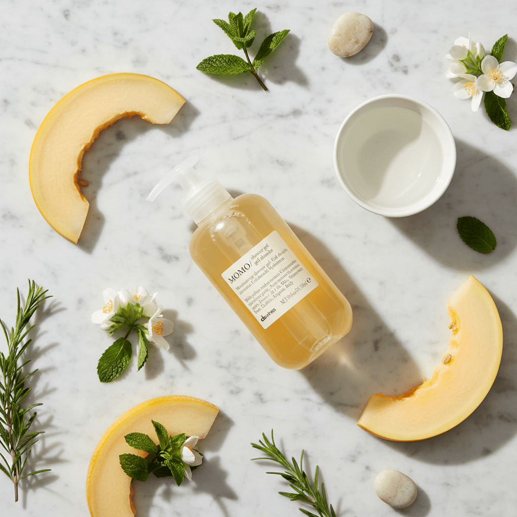 Davines MOMO Shower Gel flat lay with fresh melon and Italian spa elements