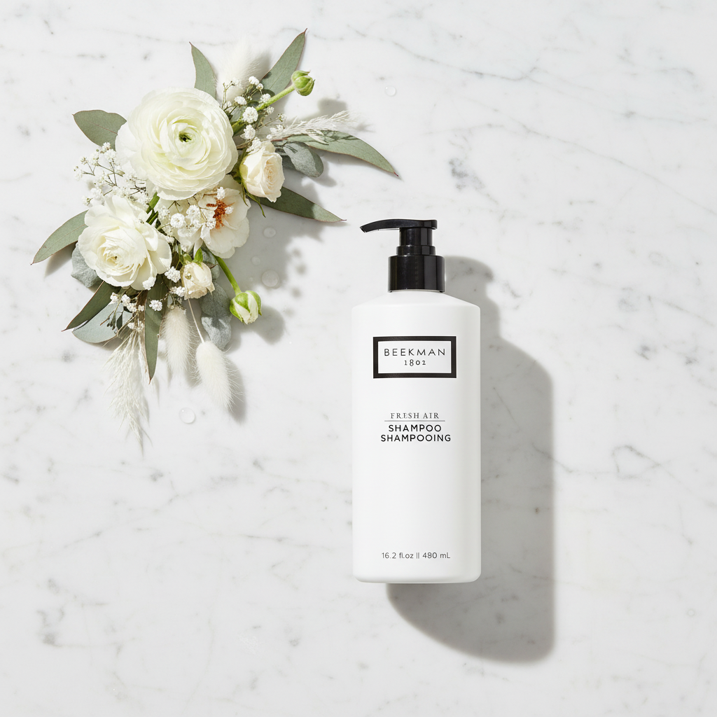 Beekman 1802 Fresh Air Shampoo luxury flat lay white frosted bottle black pump with white flowers gray botanicals on white marble - goat milk shampoo clean fragrance