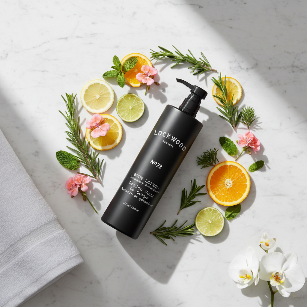 Lockwood New York Body Lotion - circular flat lay with rosemary, spearmint, geranium on marble