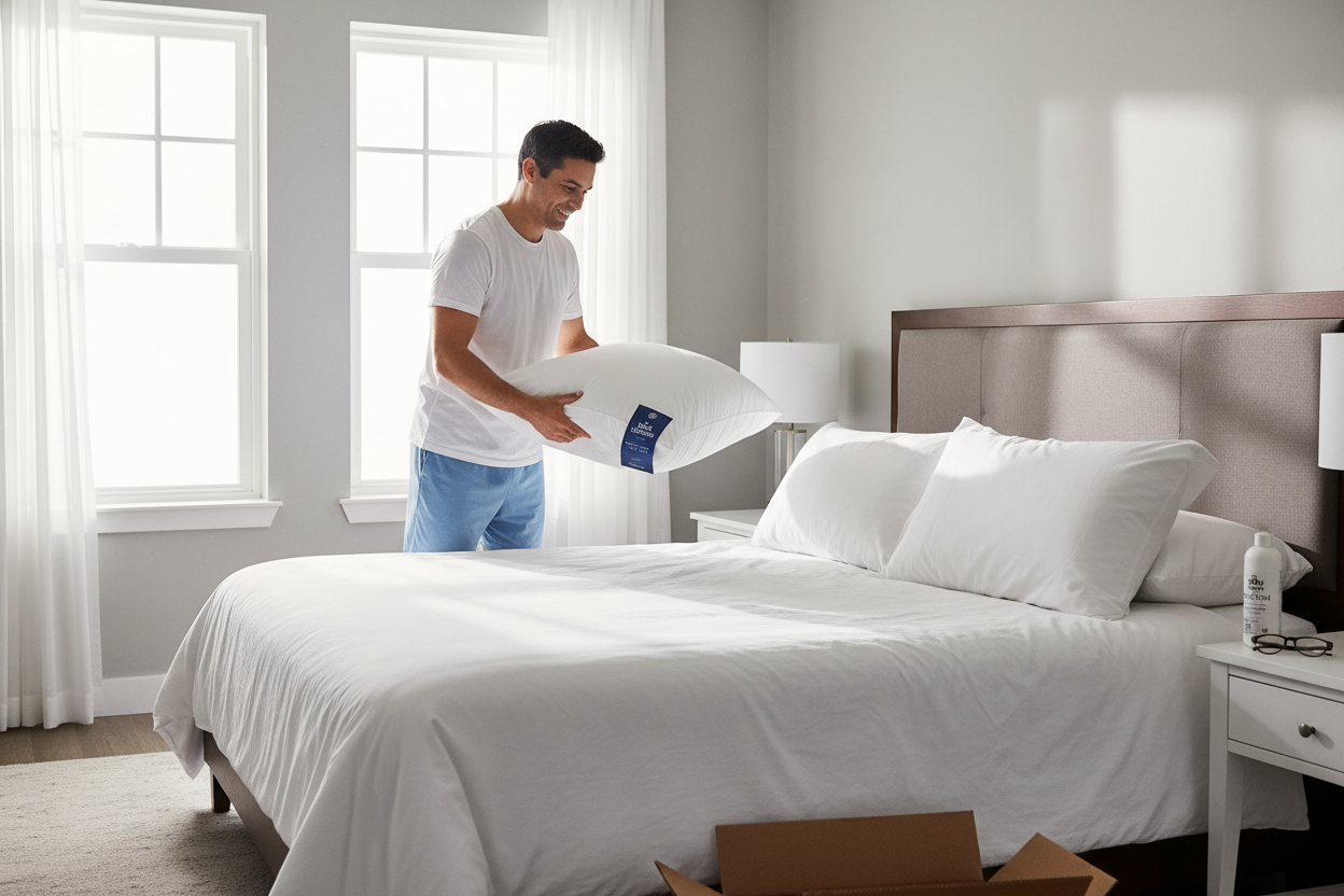 Hispanic man placing Best Western Victoria king pillow firm support at home bringing hotel quality home