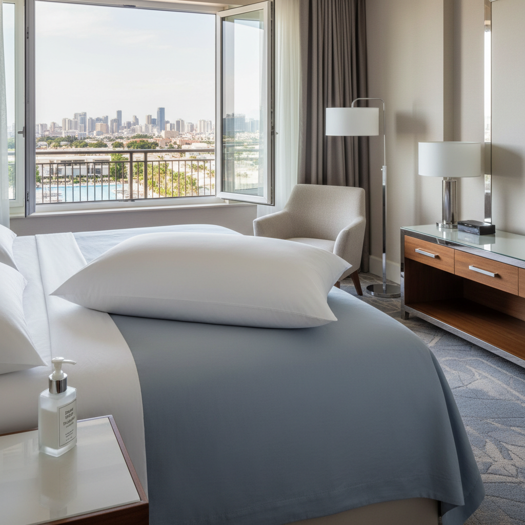 Envirosleep Dream Surrender II Pillow on soft blue-gray hotel sheets - down alternative luxury