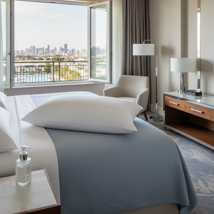 Envirosleep Dream Surrender II Pillow on soft blue-gray hotel sheets - down alternative luxury