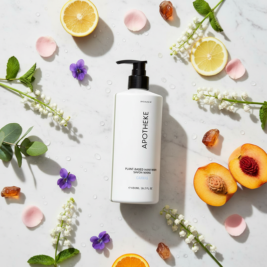 Apotheke Canvas hand wash flat lay with Canvas scent botanicals on marble — luxury hotel hand wash plant-based vegan