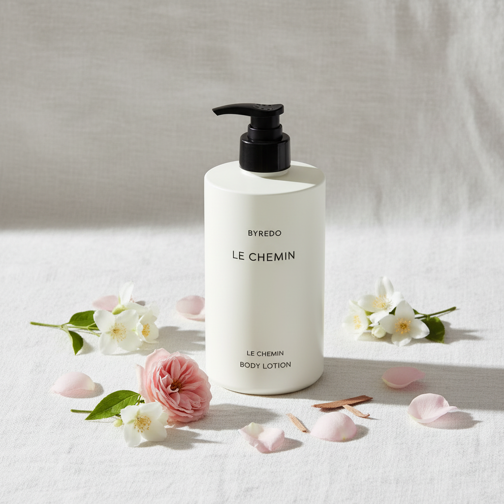 Byredo Le Chemin Body Lotion styled on white linen with jasmine flowers rose petals - premium moisturizer