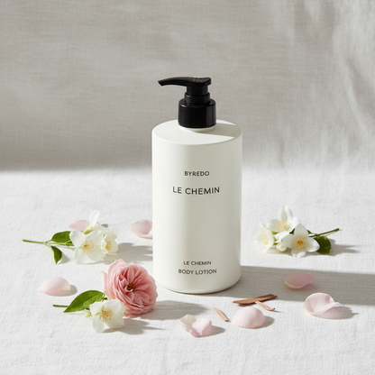 Byredo Le Chemin Body Lotion styled on white linen with jasmine flowers rose petals - premium moisturizer