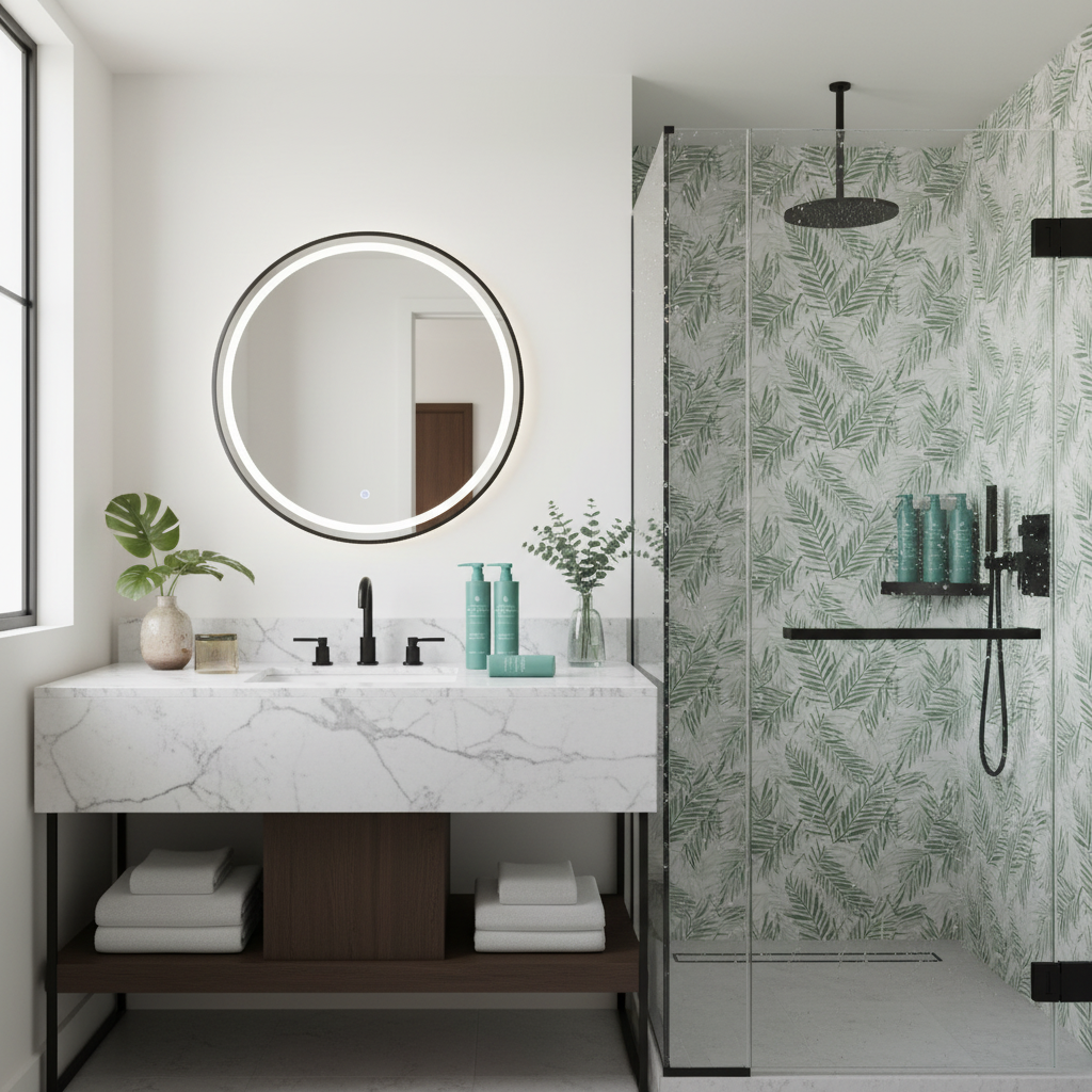 Vida Verde Complete Collection displayed in luxury hotel bathroom - complete 5 piece set