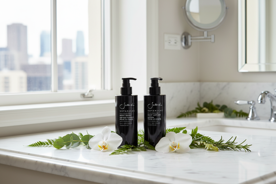 Sodashi Botanical Body Wash flat lay with botanicals on white marble