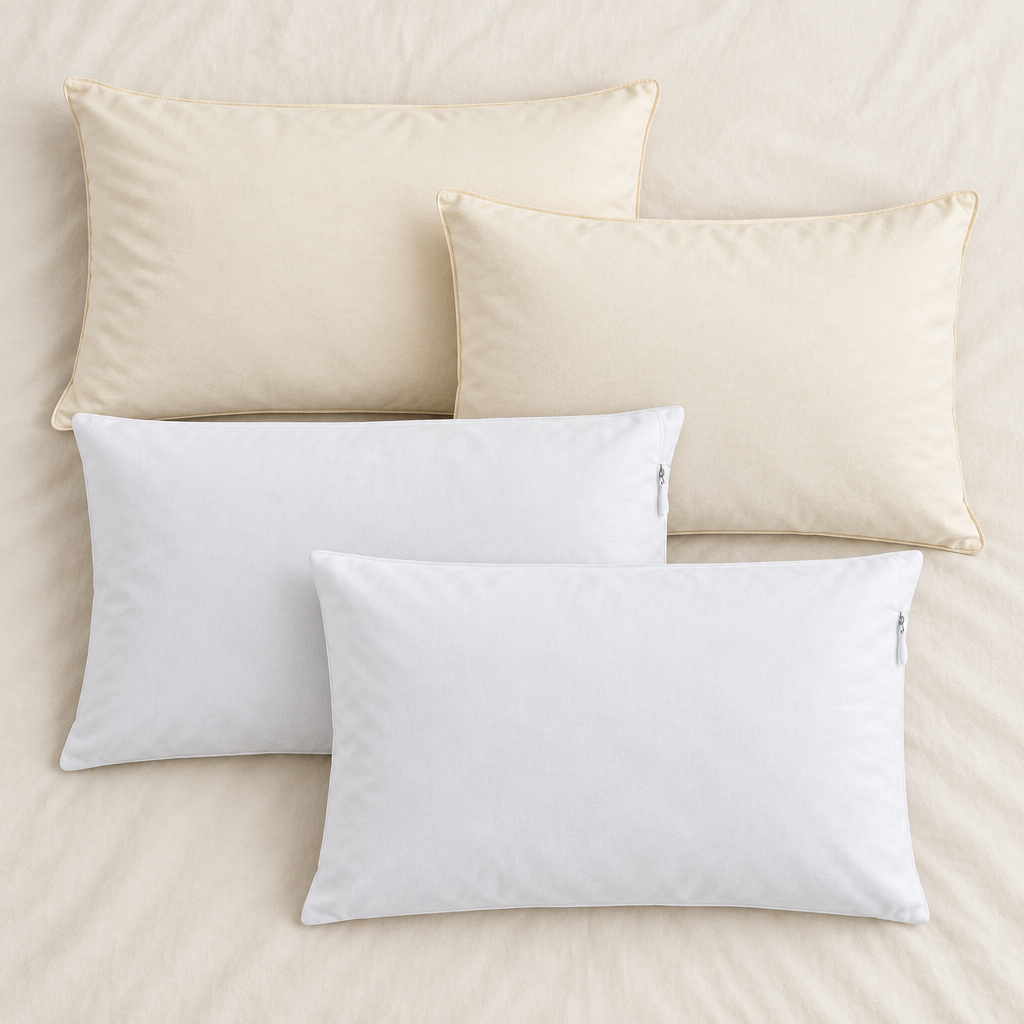 Overhead flat lay of the complete Down Etc pillow set: two Aqua Plush firm pillows and two Down Etc pillow protectors on a cream bedspread