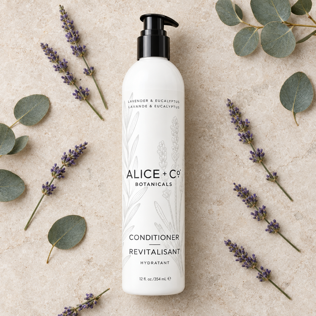 Alice + Co Lavender & Eucalyptus Conditioner flat lay with lavender and eucalyptus