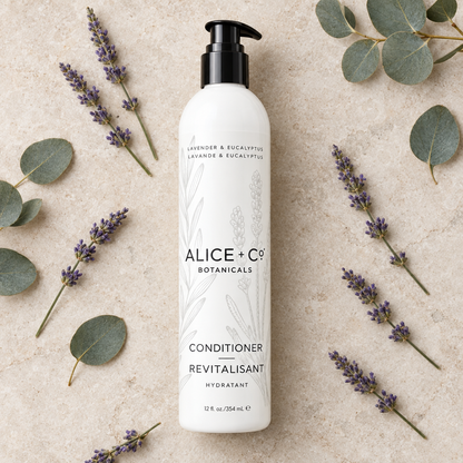 Alice + Co Lavender & Eucalyptus Conditioner flat lay with lavender and eucalyptus