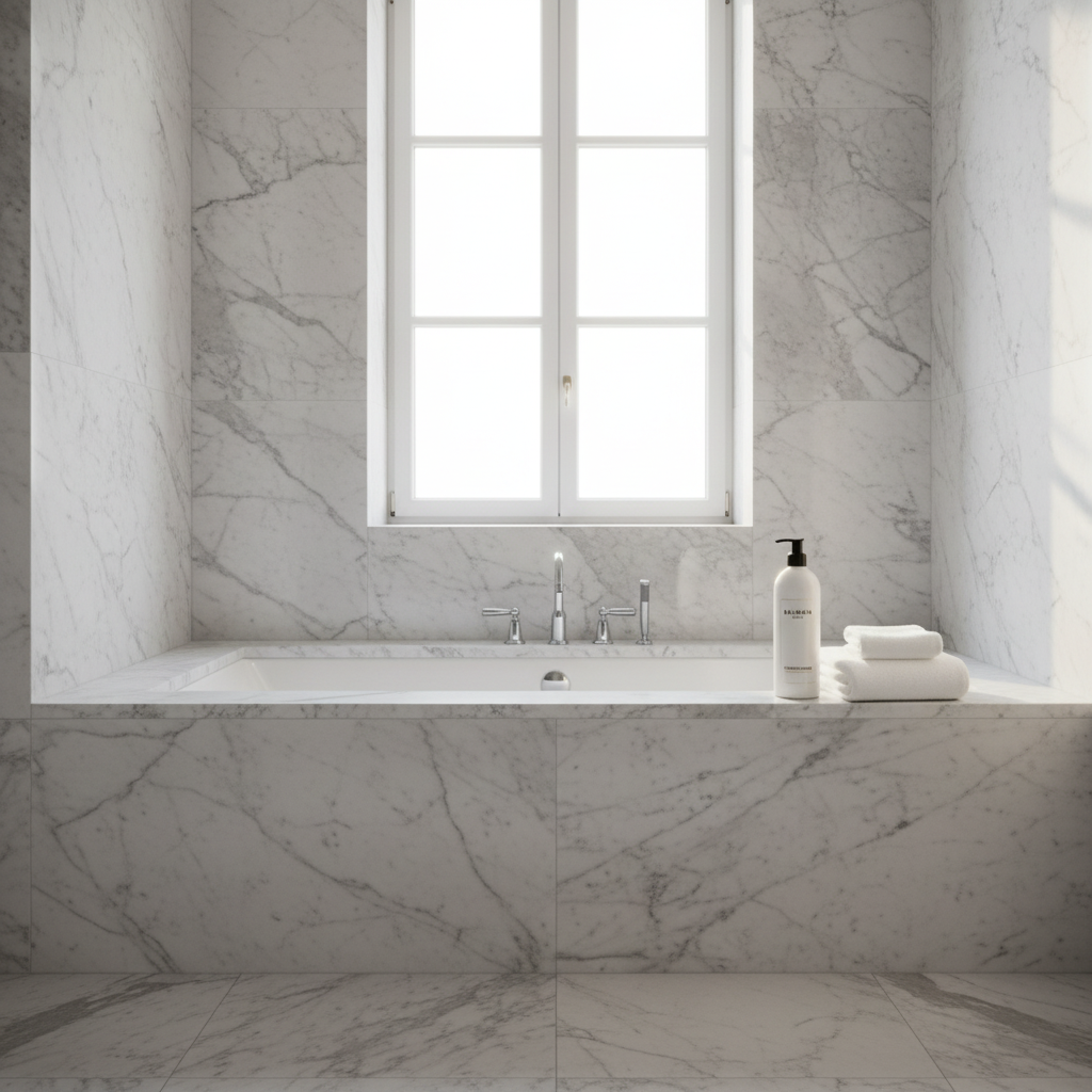 Balmain Paris Conditioner on edge of luxury soaking tub with marble bathroom