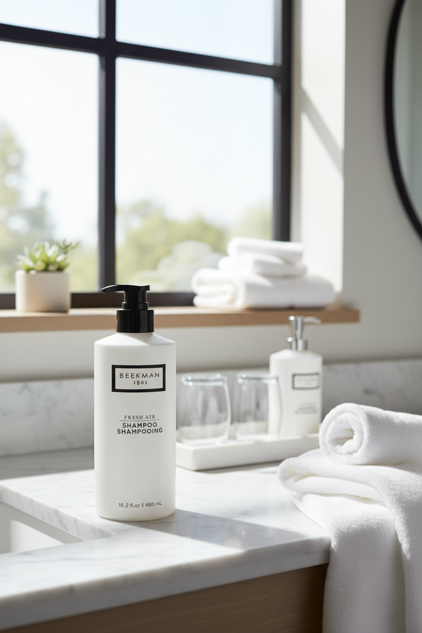 Beekman 1802 Fresh Air Shampoo luxury flat lay white frosted bottle black pump with white flowers gray botanicals on white marble - goat milk shampoo clean fragrance