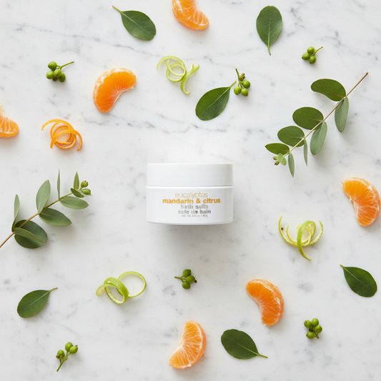 Atelier Bloem Eucalyptus Mandarin & Citrus Bath Salts flat lay with scent elements