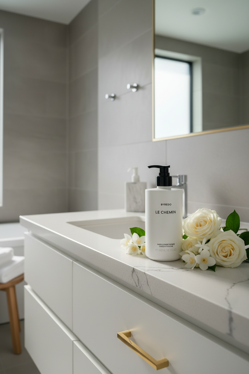 Byredo Le Chemin Conditioner on luxury hotel bathroom vanity marble countertop gold fixtures - spa quality hair care