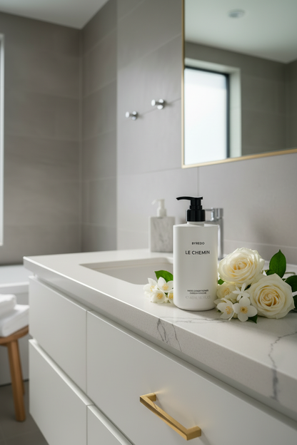 Byredo Le Chemin Conditioner on luxury hotel bathroom vanity marble countertop gold fixtures - spa quality hair care