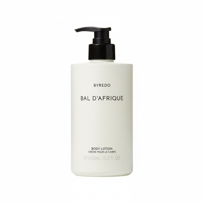 Byredo Bal D'Afrique Body Lotion bottle close-up Swedish luxury body care packaging label African-inspired fragrance