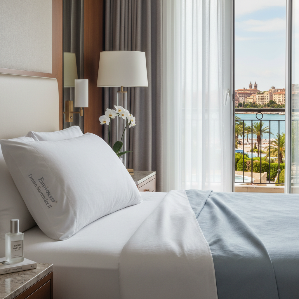 Envirosleep Dream Surrender II Pillow on soft blue-gray hotel sheets - down alternative luxury