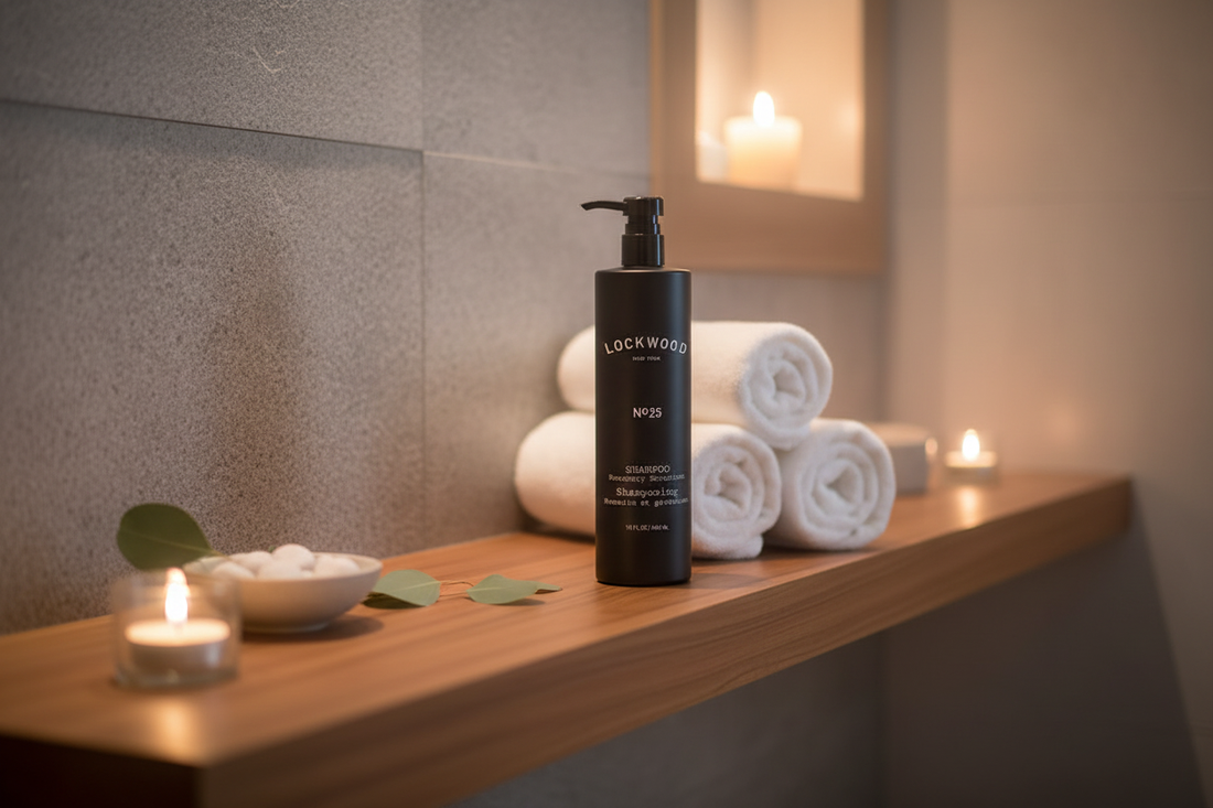 Lockwood New York Shampoo - circular flat lay with rosemary, spearmint, geranium on marble