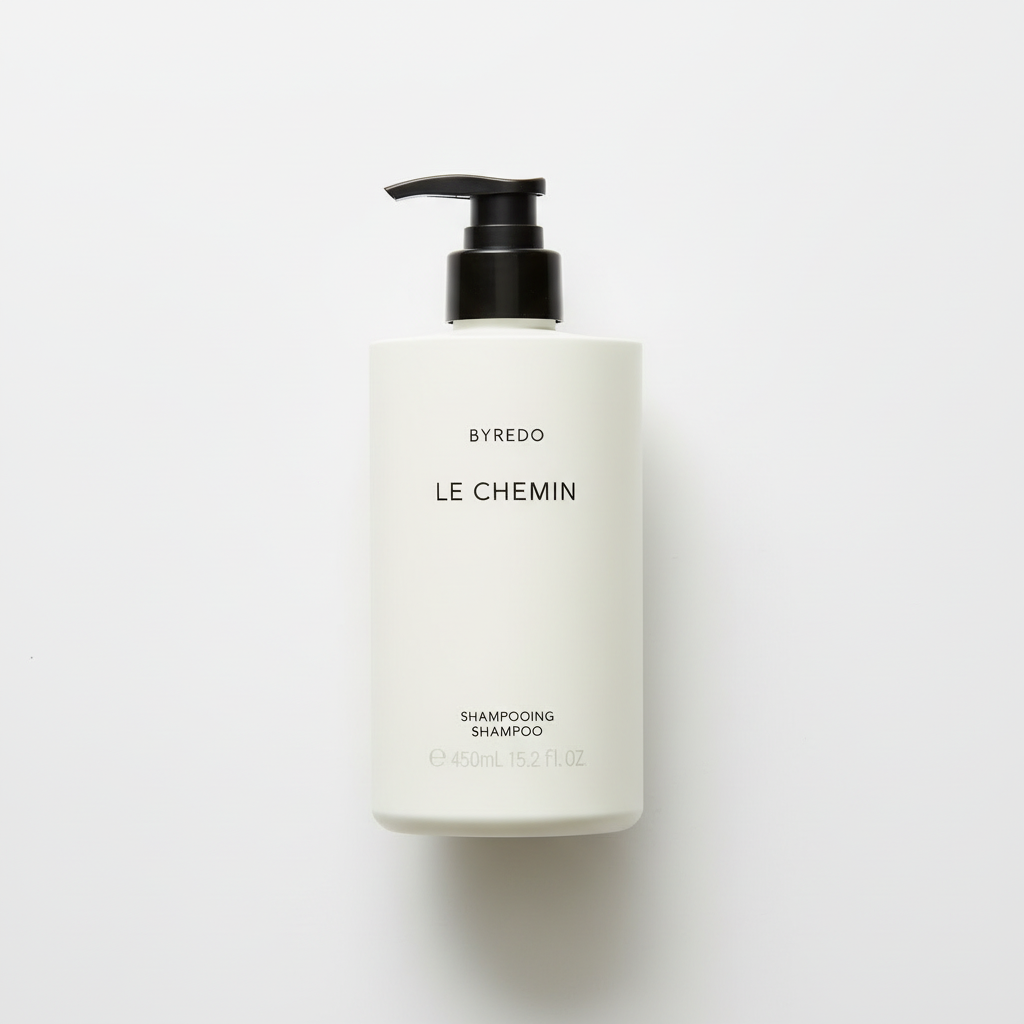 Byredo Le Chemin Shampoo bottle close-up Swedish luxury hair care packaging label details floral fragrance