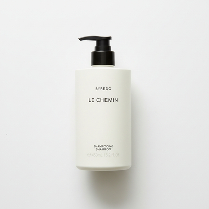 Byredo Le Chemin Shampoo bottle close-up Swedish luxury hair care packaging label details floral fragrance