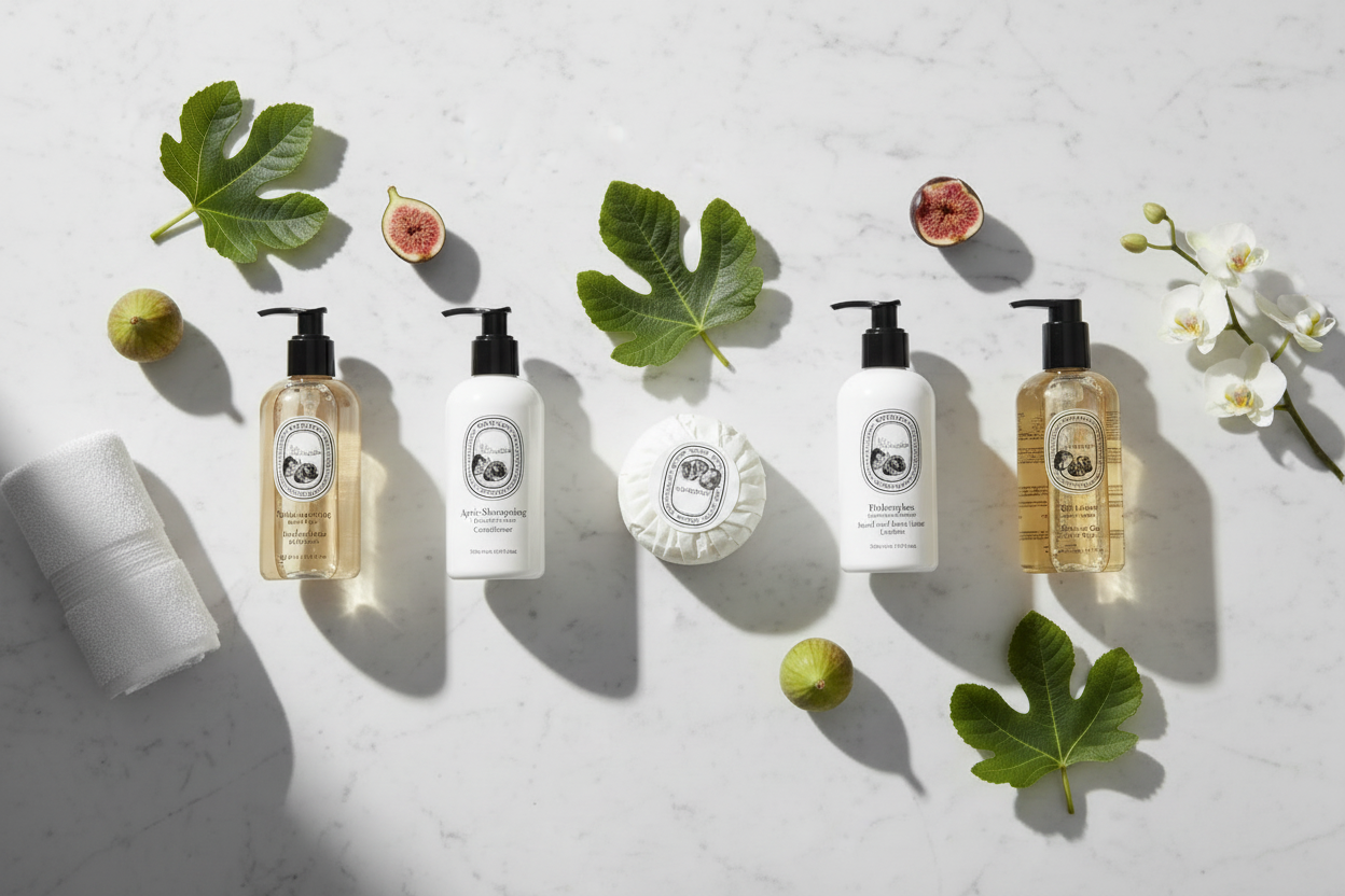 Diptyque Philosykos Complete Bath & Body Set — shampoo, conditioner, bar soap, body lotion, and shower gel all five products displayed together on white marble with fresh fig leaf accents, luxury French fragrance bath collection