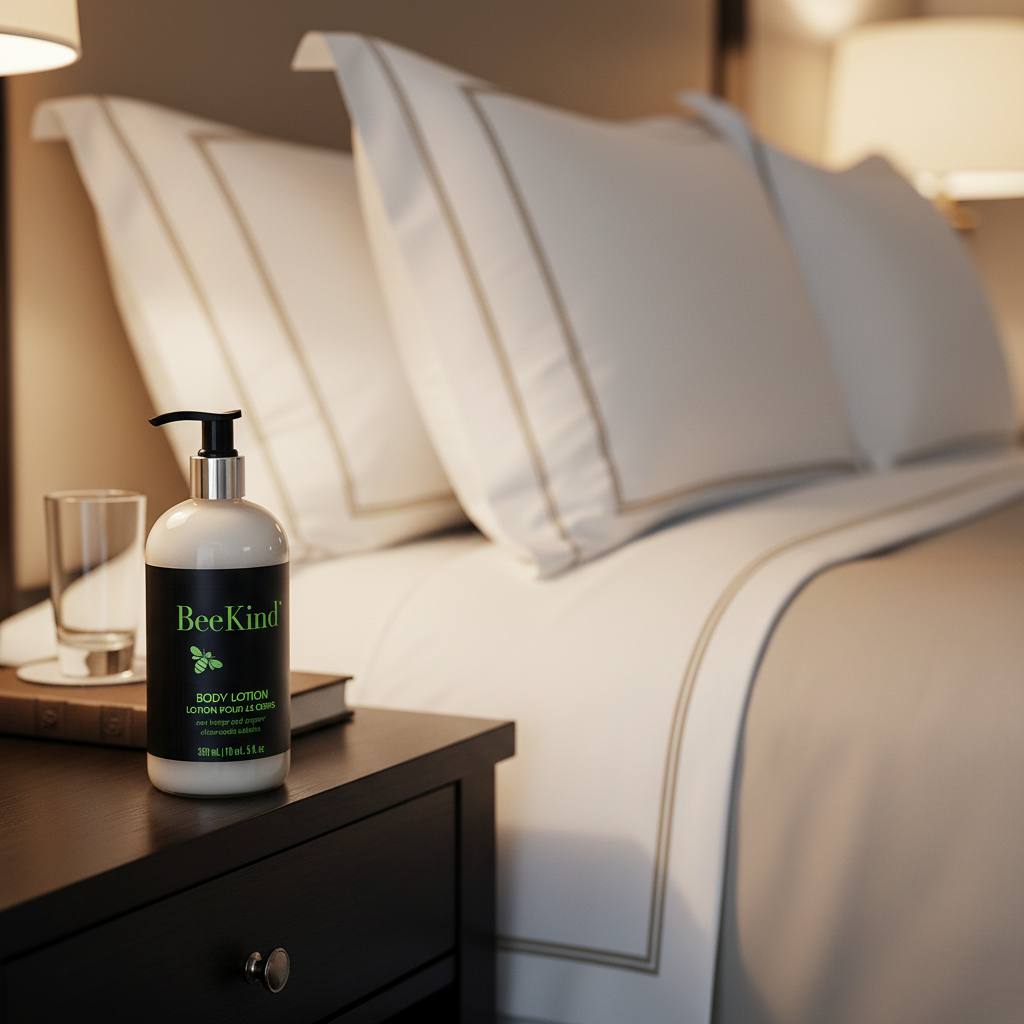 Bee Kind Body Lotion on bedroom nightstand with luxury hotel pillows in background