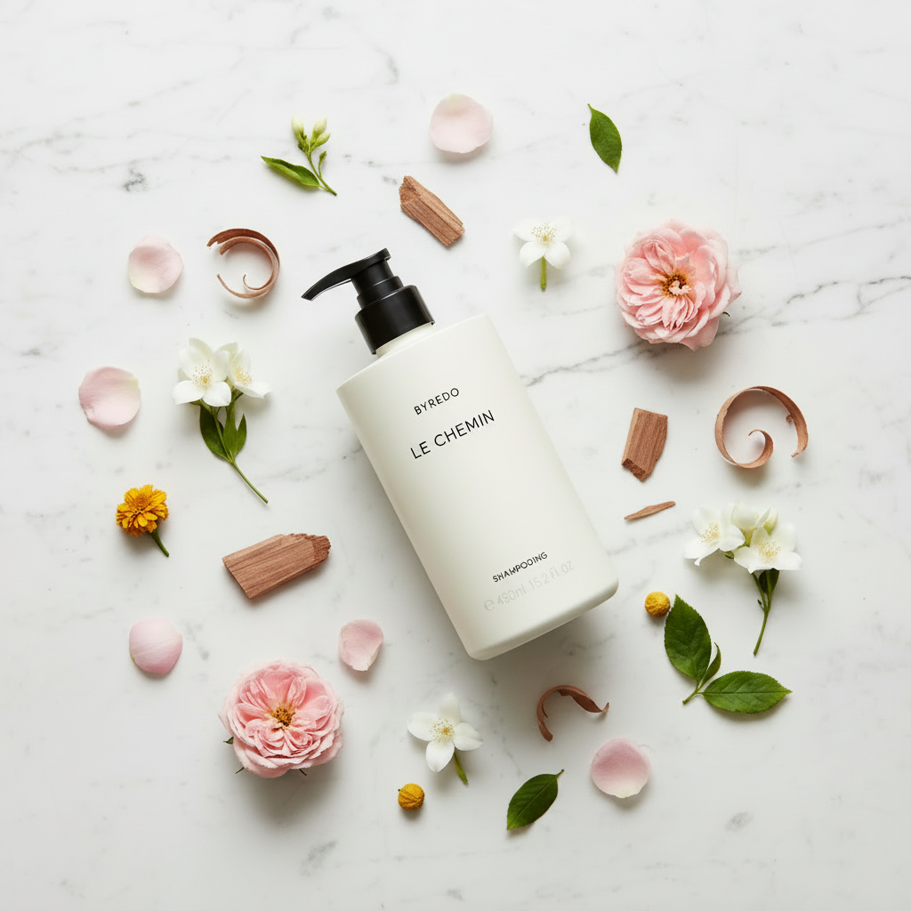 Byredo Le Chemin Shampoo luxury flat lay with roses jasmine flowers on white marble - premium hair care shampoo