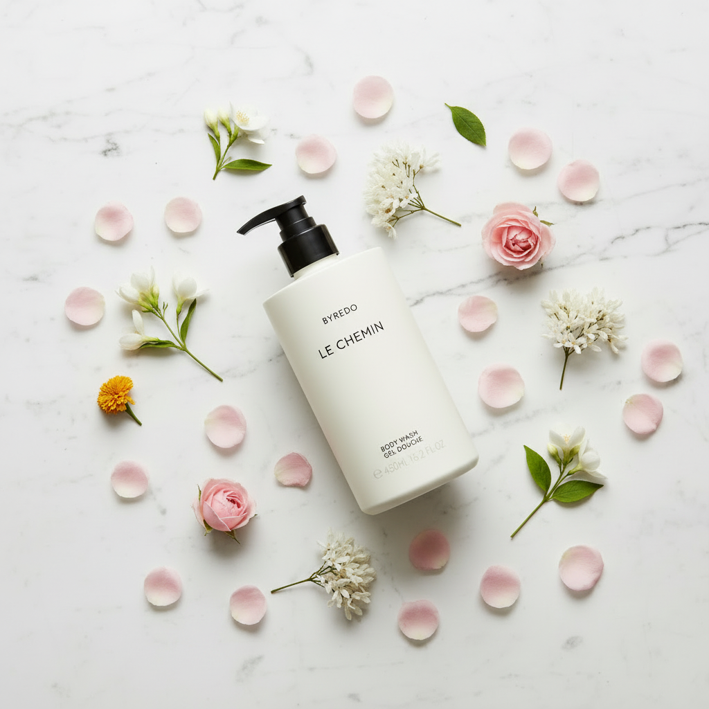 Byredo Le Chemin Body Wash luxury flat lay with scattered rose petals jasmine on white marble - premium shower gel